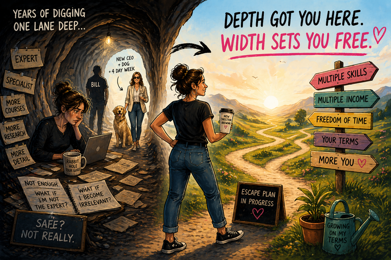 Why depth stops paying: illustration of a woman leaving a narrow career tunnel and looking toward multiple paths and income streams.