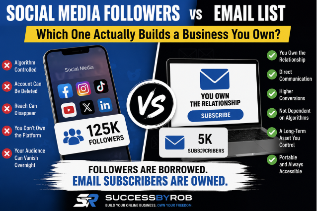 Social media followers vs email list infographic comparing audience ownership, showing why an email list builds a more secure online business than relying only on social media followers.