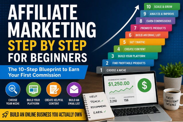 Affiliate marketing step by step for beginners with a visual 10-step roadmap to building an online business and earning your first affiliate commission.