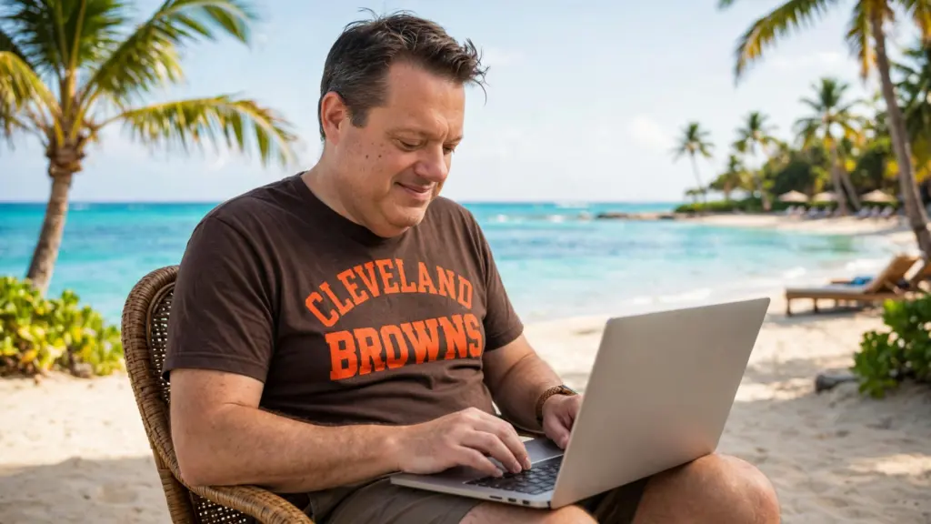 MLM red flags and green flags - man in Cleveland Browns t-shirt reviewing opportunity on laptop on beach